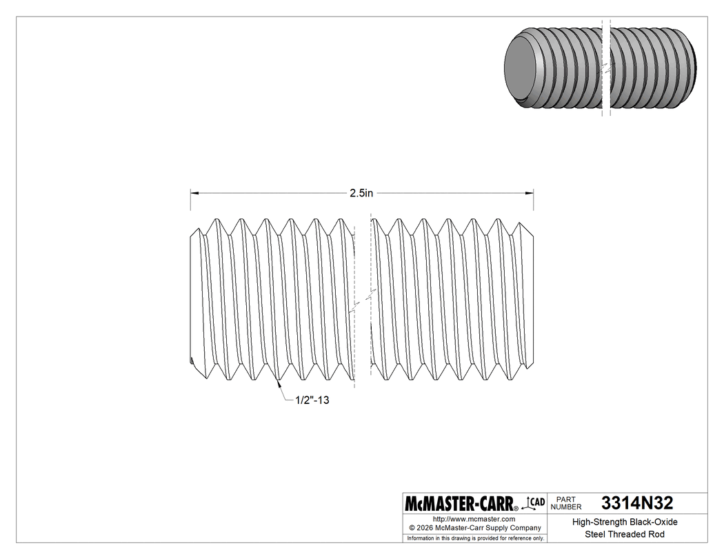 Technical Drawing of High-Strength Black-Oxide Steel Threaded Rod, 1/2"-13 Thread Size, 2-1/2" Long.